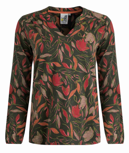 Weird Fish Womens Brooke Slub Printed Jersey Top - Dark Olive
