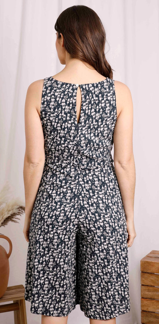 Women's Roxi viscose culotte jumpsuit in Midnight Navy with Moroccan style lantern print.