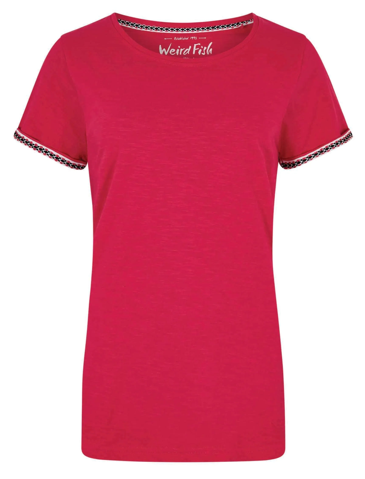 Weird Fish womens Teya t-shirt in Hot Pink. short sleeve crew neck with patterned contrast trim on sleeves and neckline
