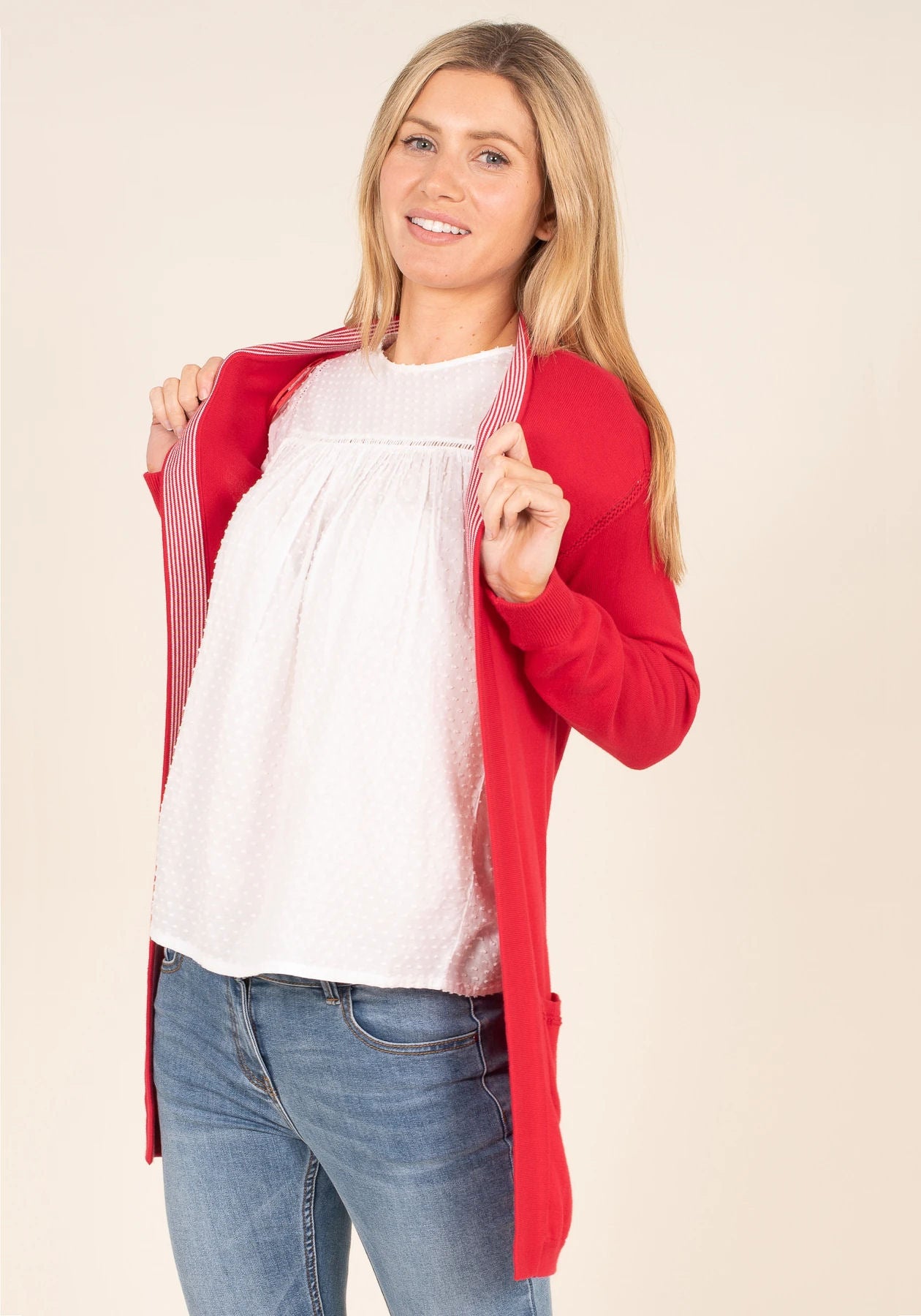 Brakeburn Womens Pointelle Long Cardigan - Red