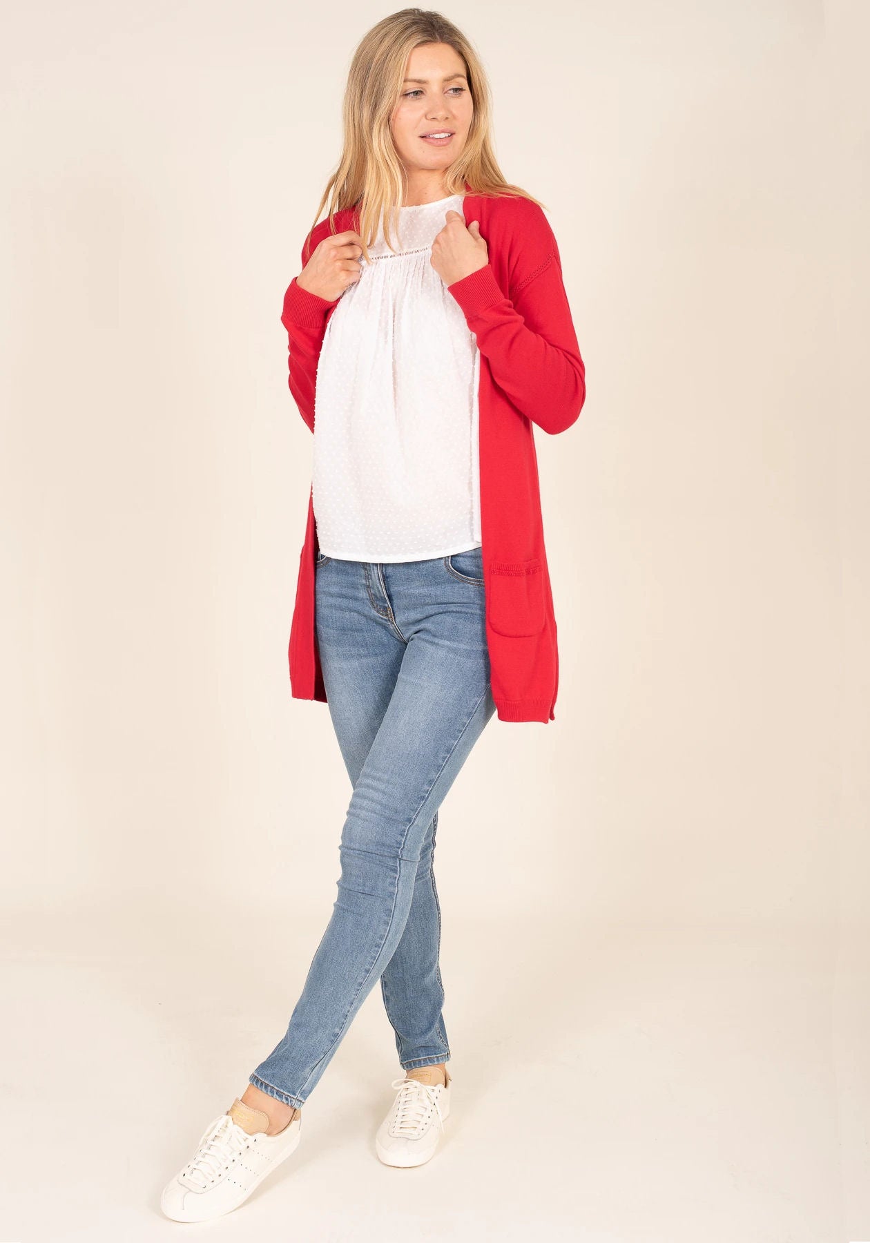Brakeburn Womens Pointelle Long Cardigan - Red