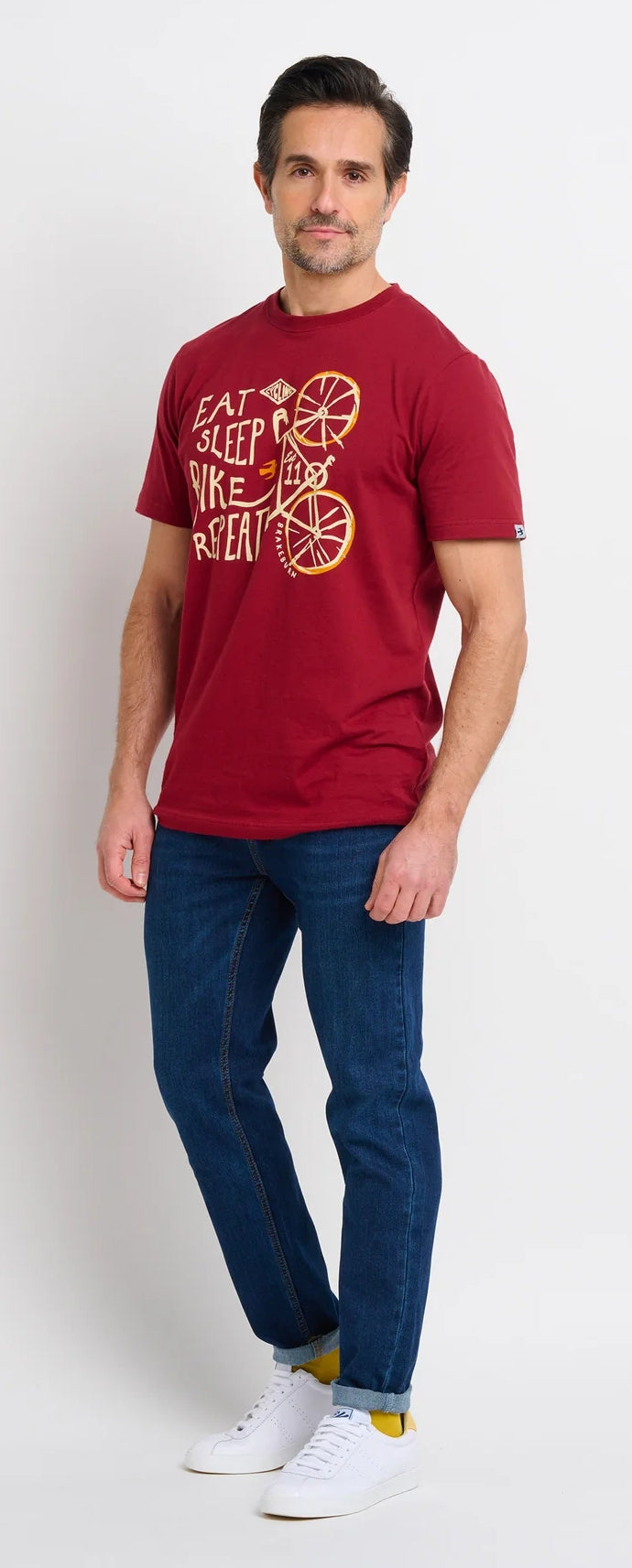 Burgundy red men's Eat, Sleep, Biike, Repeat printed tee from Brakeburn.