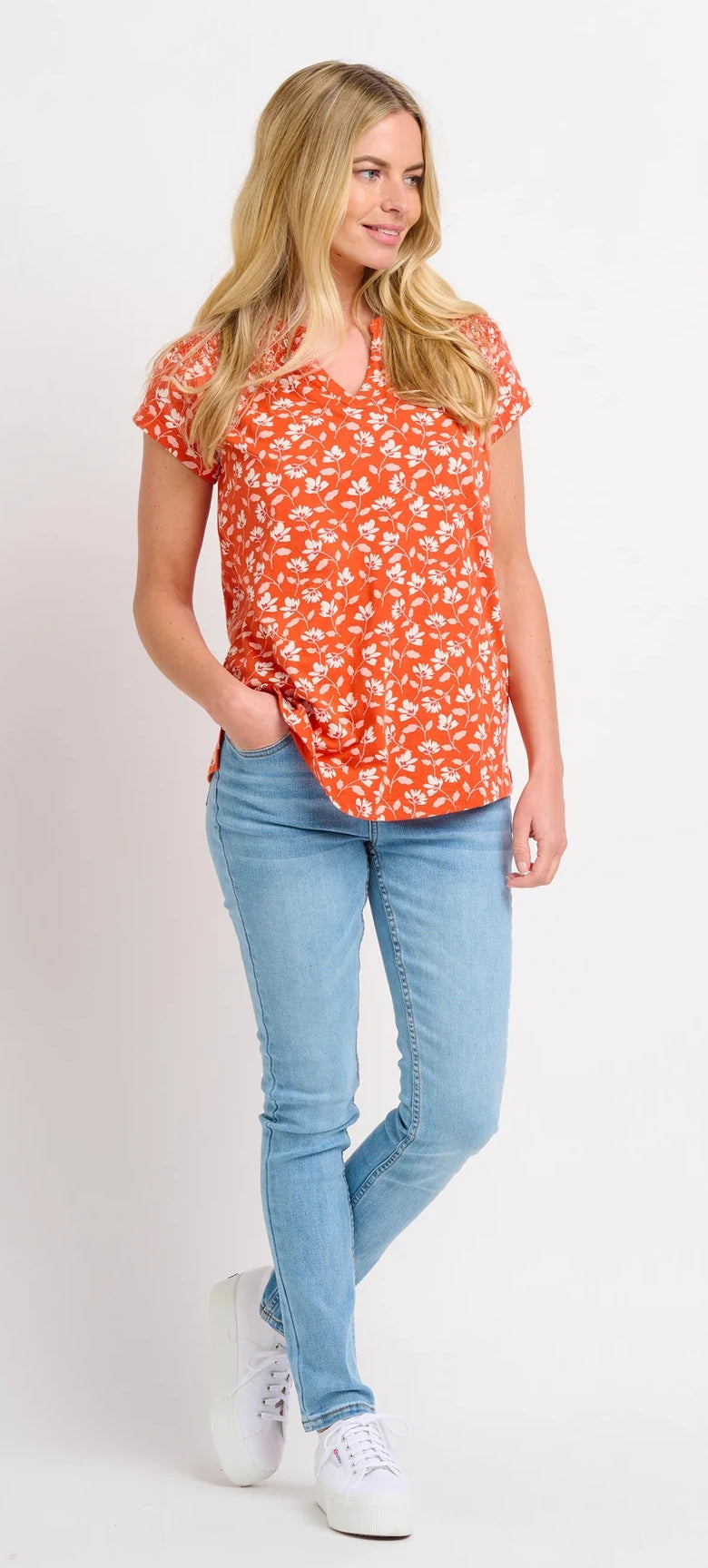 Brakeburn Womens Floating Floral Blouse - Coral