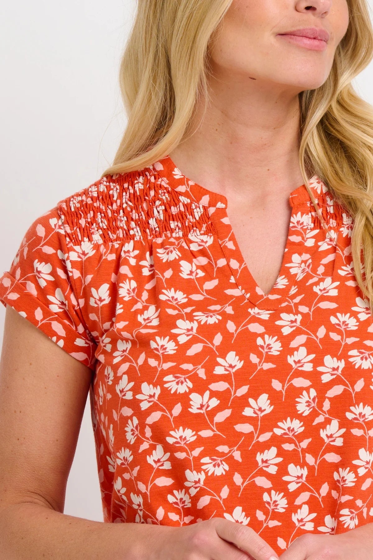 Brakeburn Womens Floating Floral Blouse - Coral