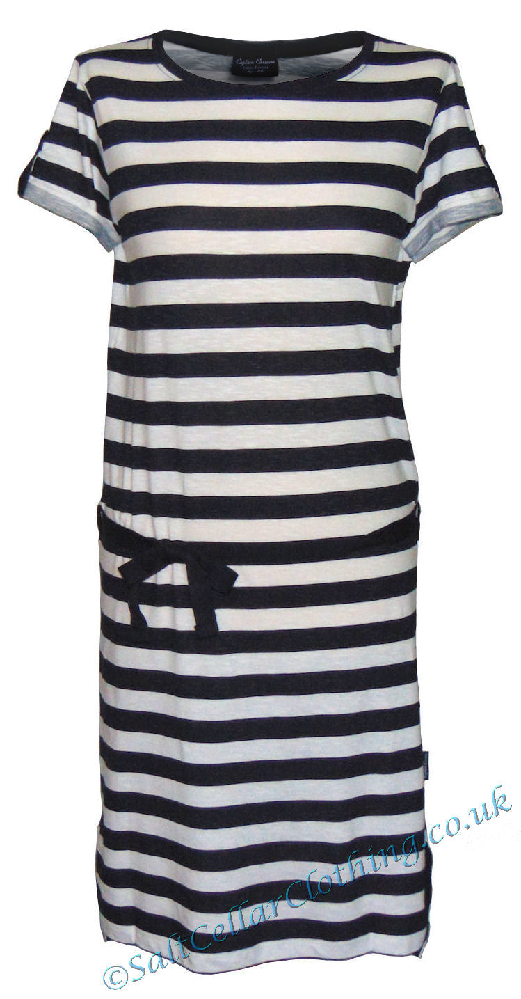 Captain Corsaire white navy stripe dress with short sleeves and waist tie detail