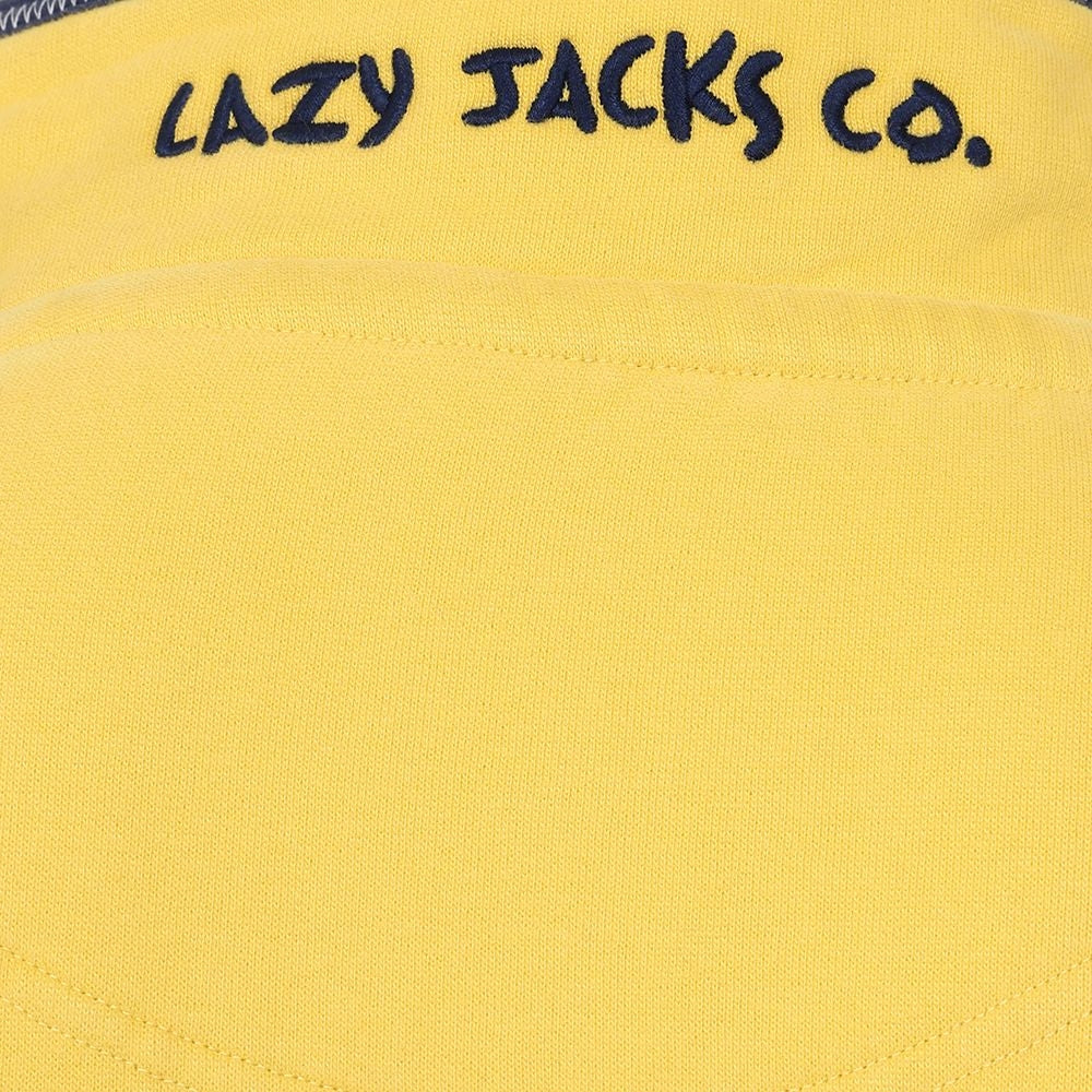 A men's pullover sweatshirt from Lazy Jacks in yellow with a Porthleven Cornwall print on the back