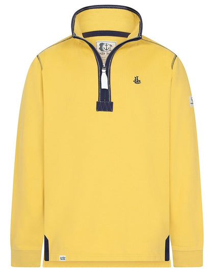 A men's Porthleven print zip neck sweatshirt from Lazy Jacks in yellow