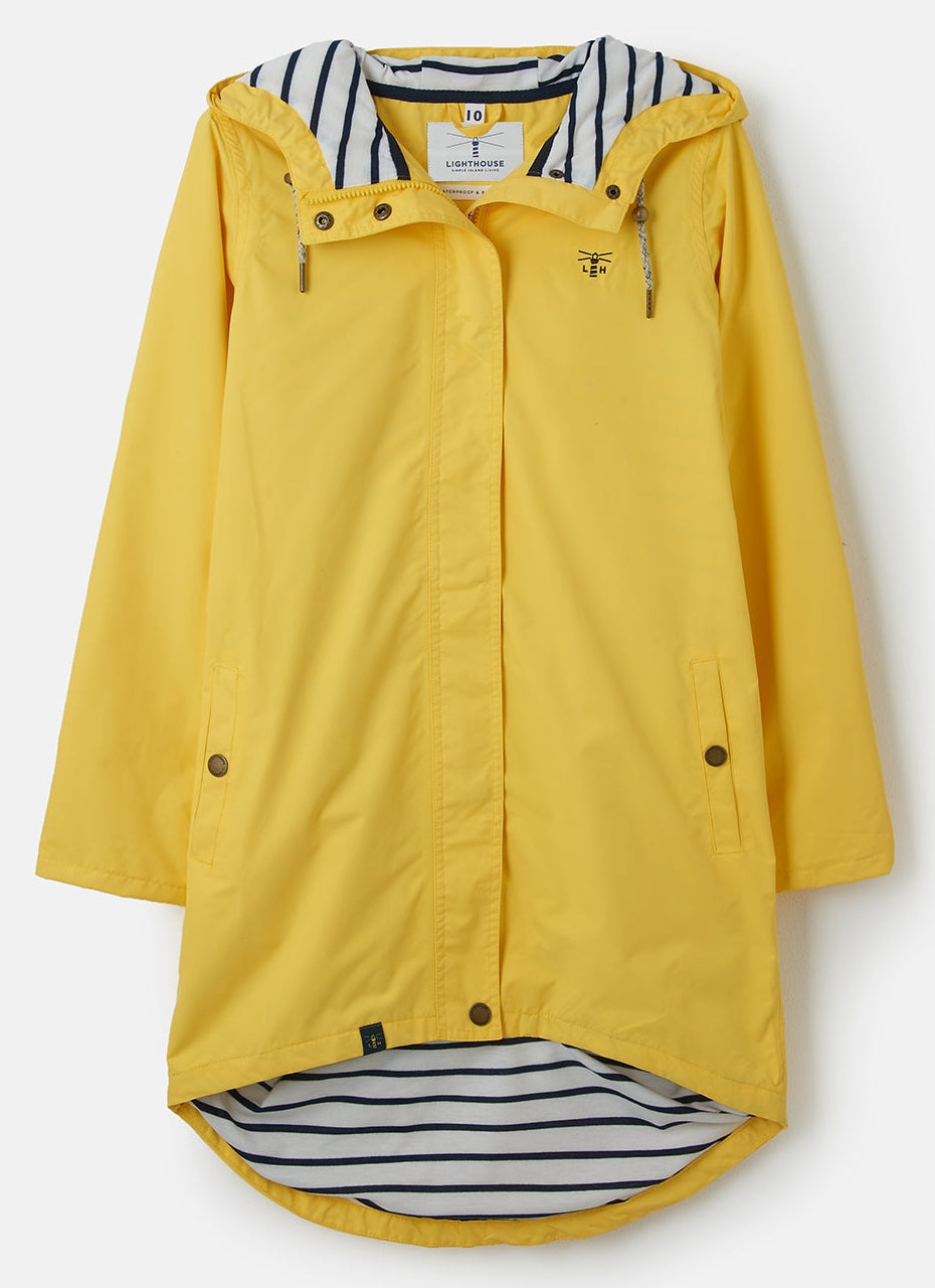 Lighthouse yellow waterproof jacket womens with hood and striped lining for rainy weather