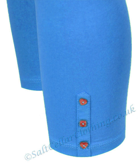 Mudd & Water women's Island leggings in Marine Blue with heart and square buttons.