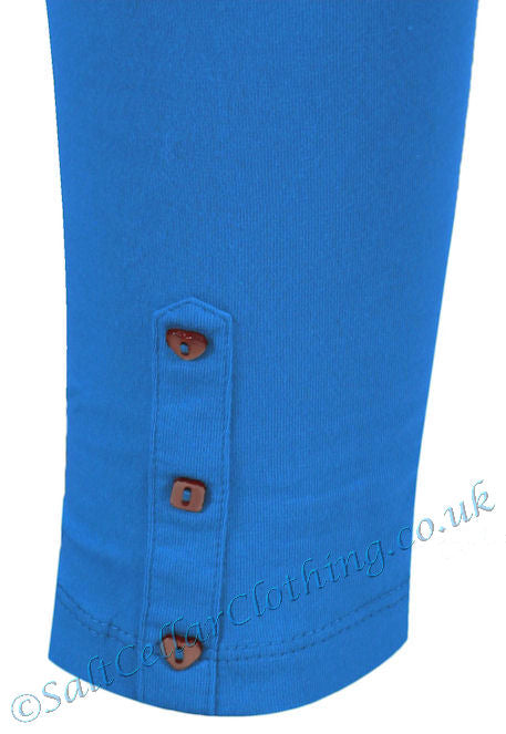 Mudd & Water women's Lucky leggings in Marine Blue with heart and square buttons.