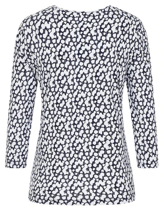 Mudd & Water women's Fern top, a 3/4 sleeve t-shirt in navy and white abstract leaf print.