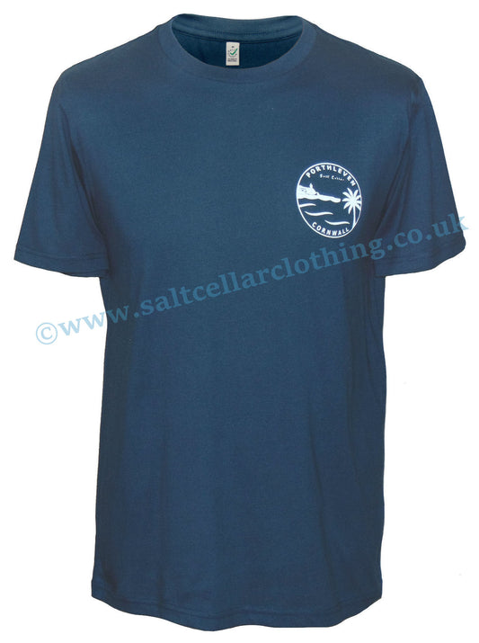 Men's Porthleven Cornwall printed tee in Petrol Blue