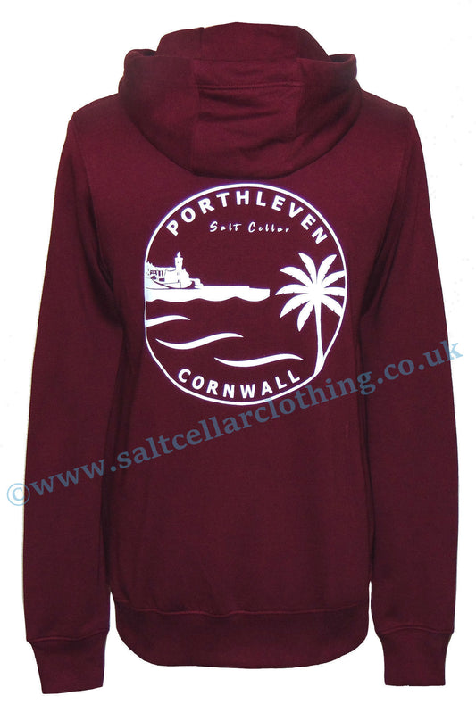 Men's Porthleven Cornwall printed hoody in dark red