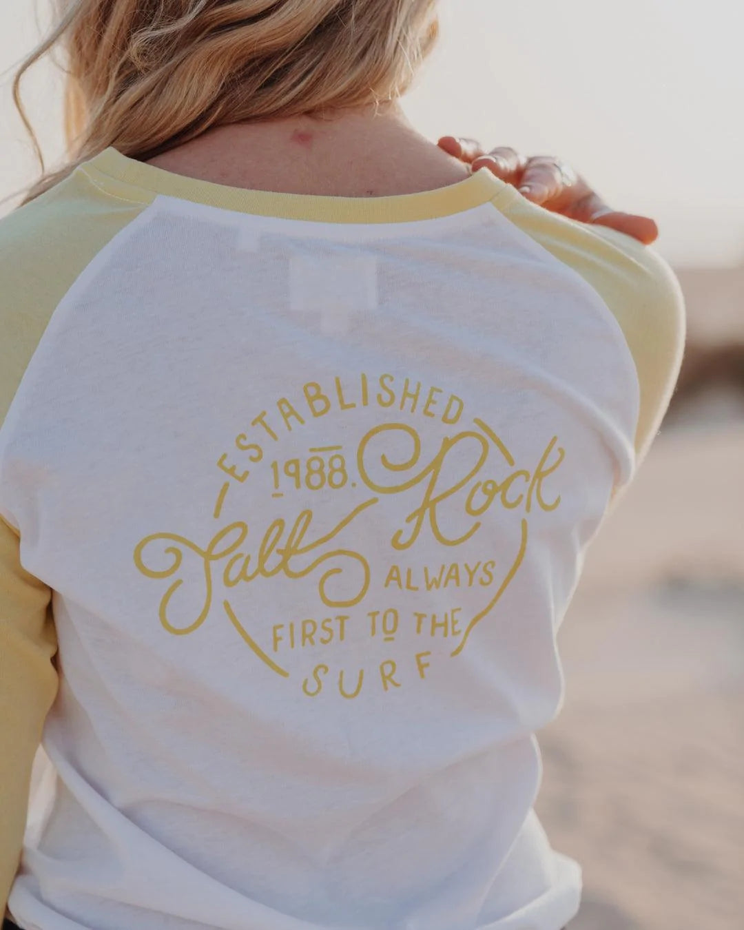 Saltrock Womens 'Whirlpool Rock' Raglan Long Sleeve Tee - White / Yellow