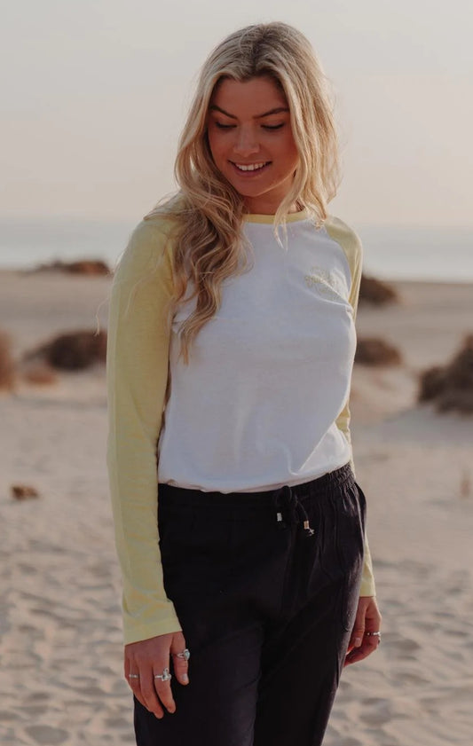 Saltrock Womens 'Whirlpool Rock' Raglan Long Sleeve Tee - White / Yellow