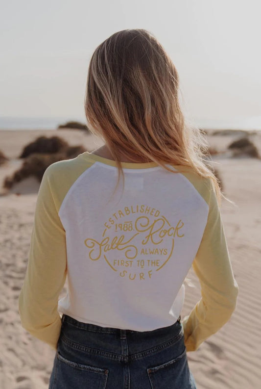 Saltrock Womens 'Whirlpool Rock' Raglan Long Sleeve Tee - White / Yellow