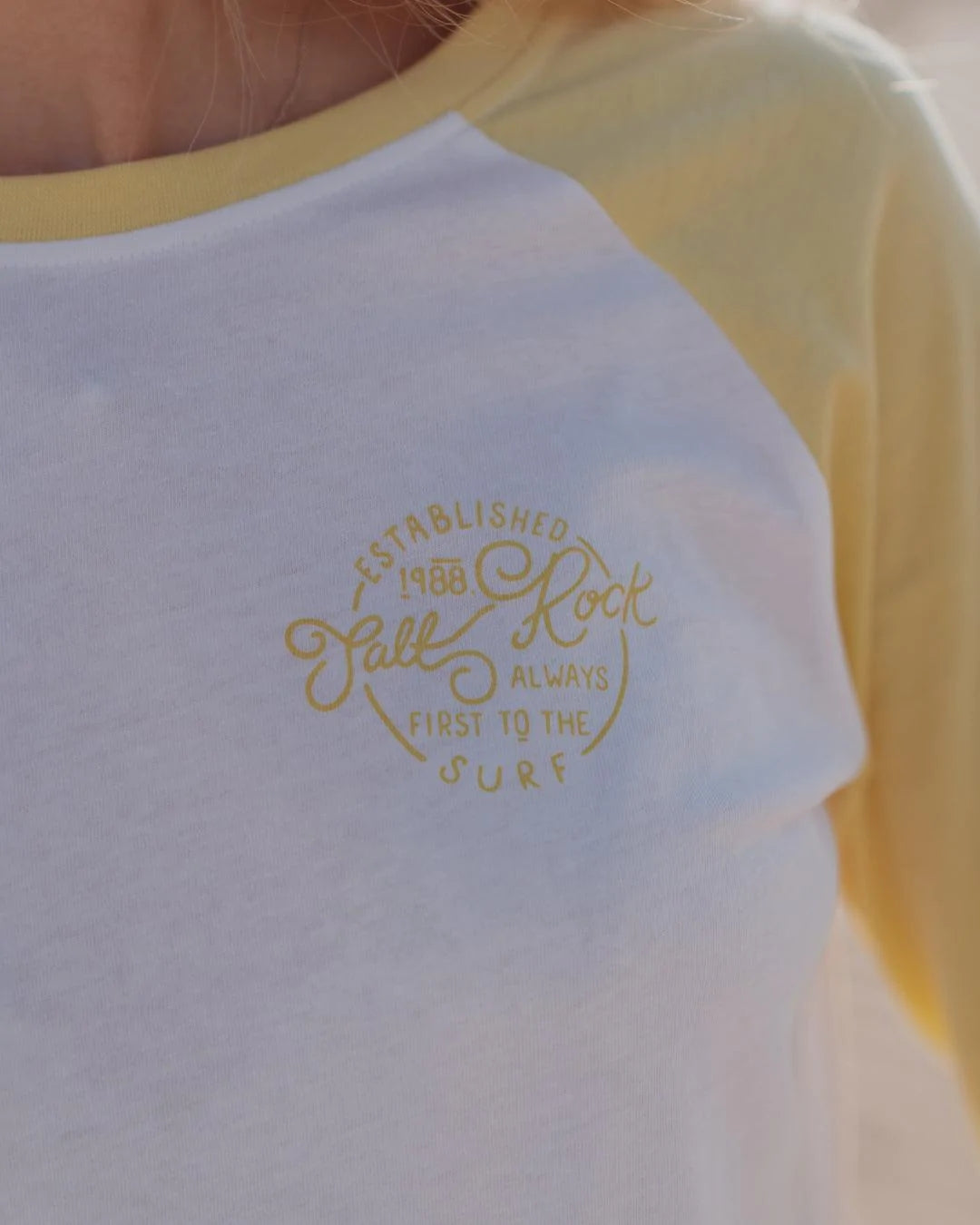 Saltrock Womens 'Whirlpool Rock' Raglan Long Sleeve Tee - White / Yellow