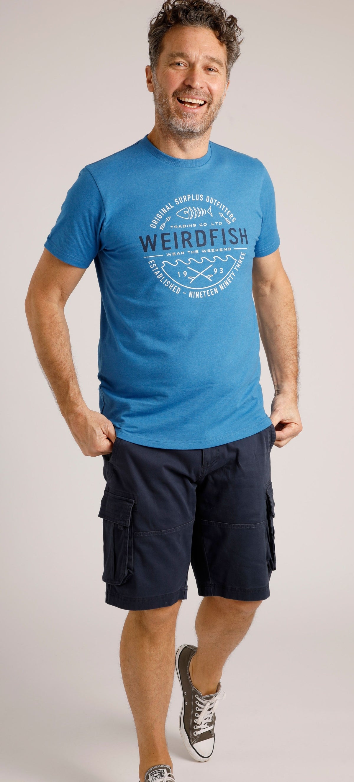 Weird Fish mens t-shirt in blue featuring a vintage logo design and comfortable fit for casual wear