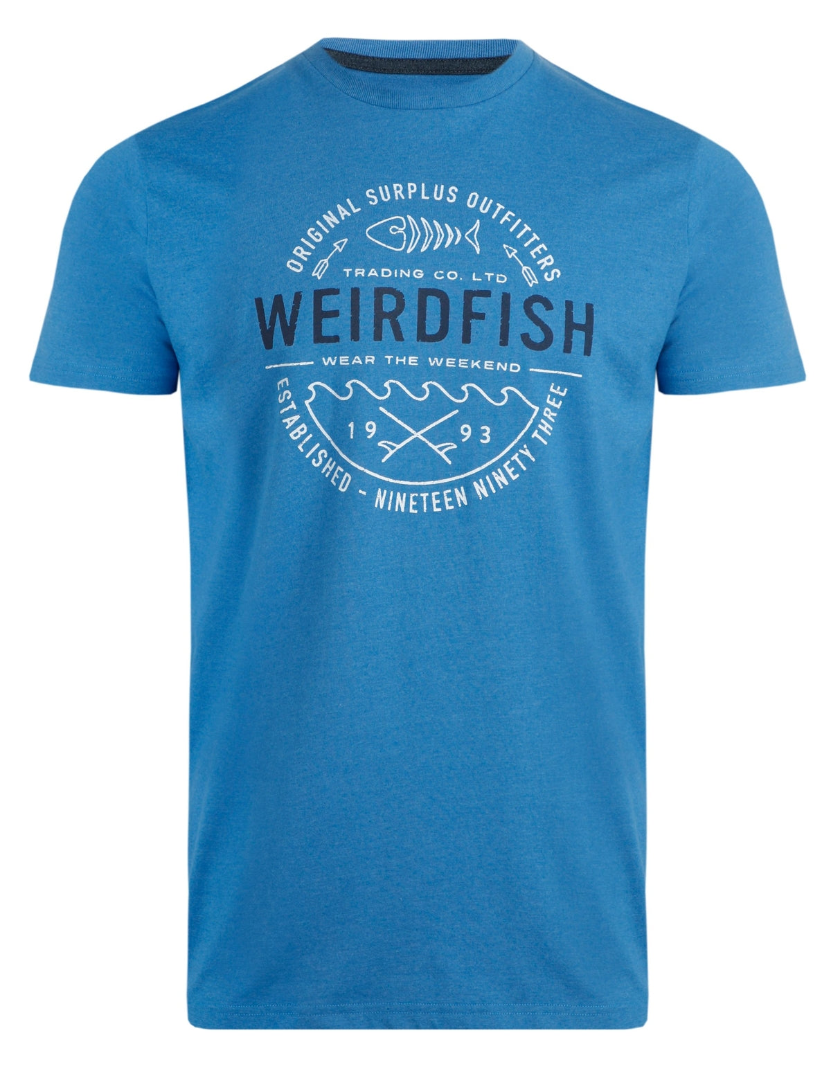 Weird Fish mens t-shirt in blue with vintage logo and casual fit for weekend wear