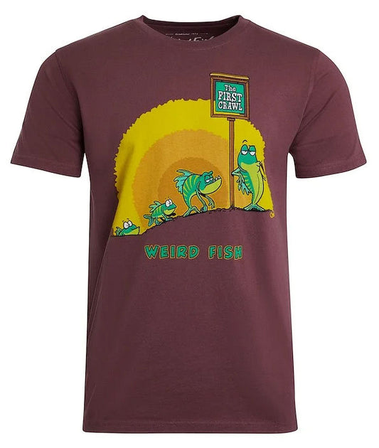 Weird Fish men's t-shirt featuring colorful cartoon fish and a playful slogan on a maroon background