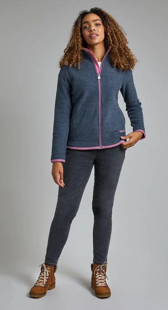 Weird Fish women's navy fleece jacket featuring a zip front design and comfortable fit