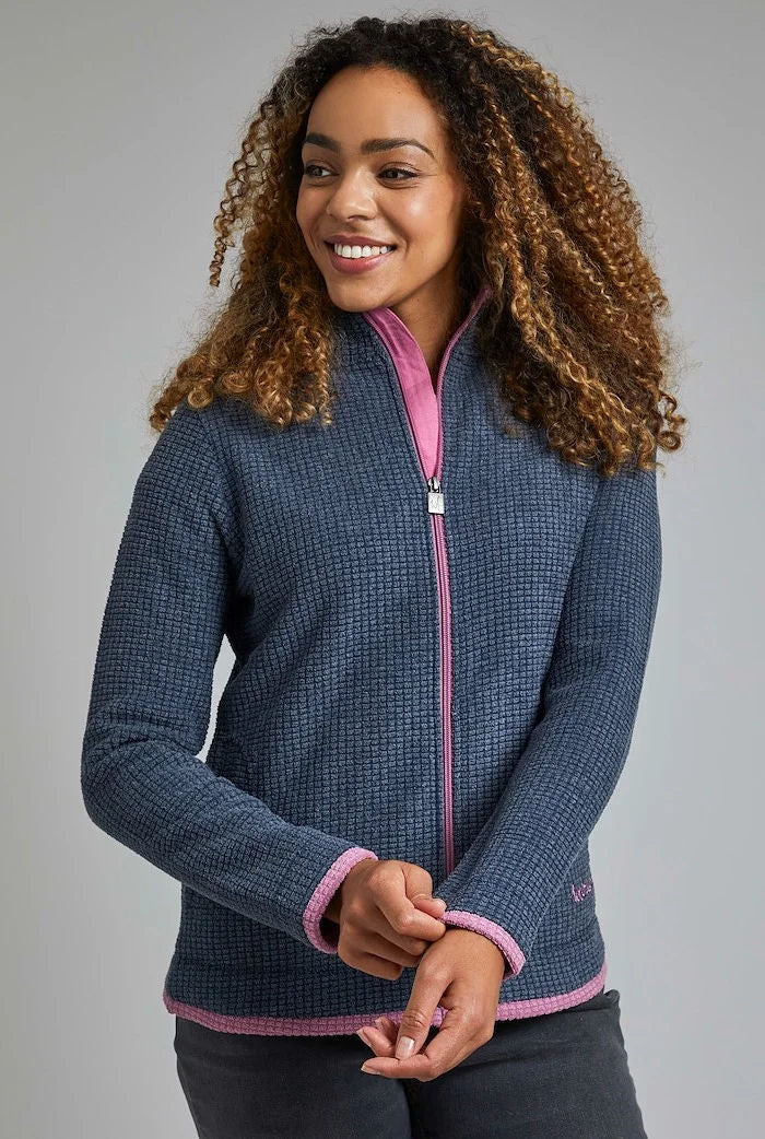 Weird Fish women's navy fleece jacket with contrasting pink lining and zip front for warmth and comfort