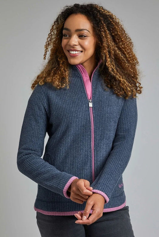 Weird Fish women's navy fleece jacket with contrasting pink lining and zip front for warmth and comfort