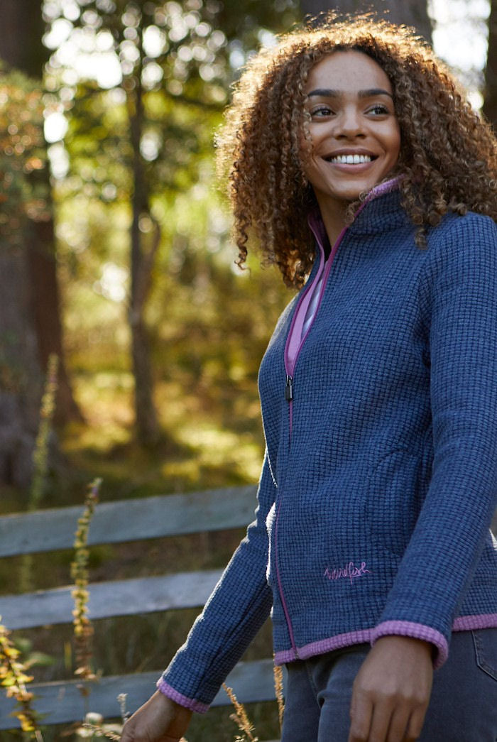 Weird Fish women's navy fleece with pink detailing, perfect for outdoor adventures and casual wear