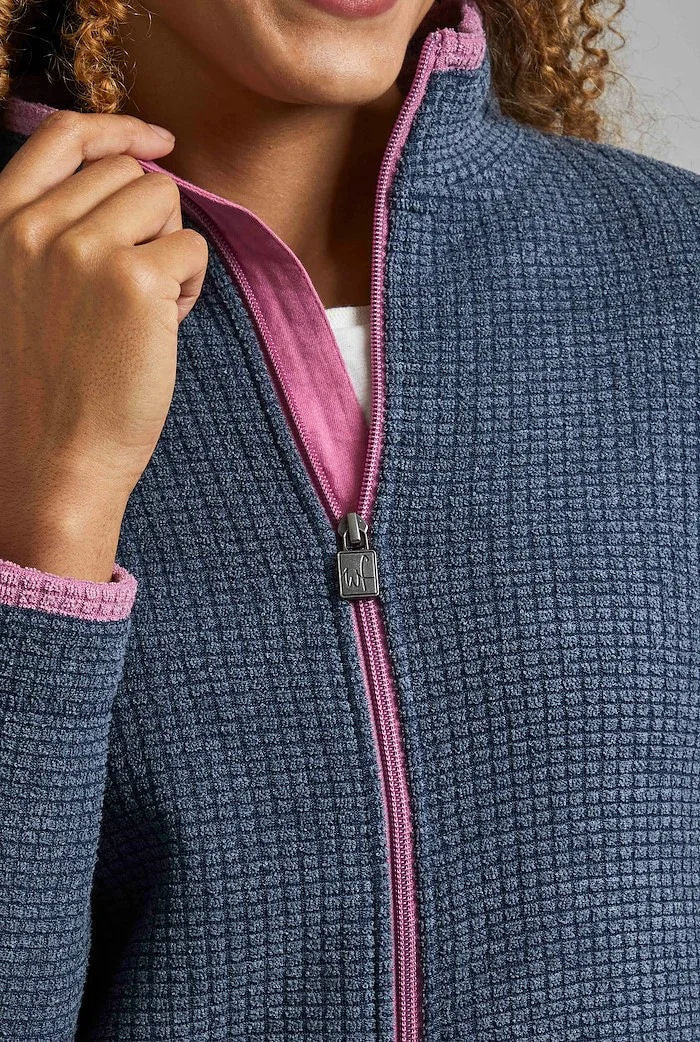 Weird Fish women's navy fleece jacket with pink lining and zip closure for comfort and style