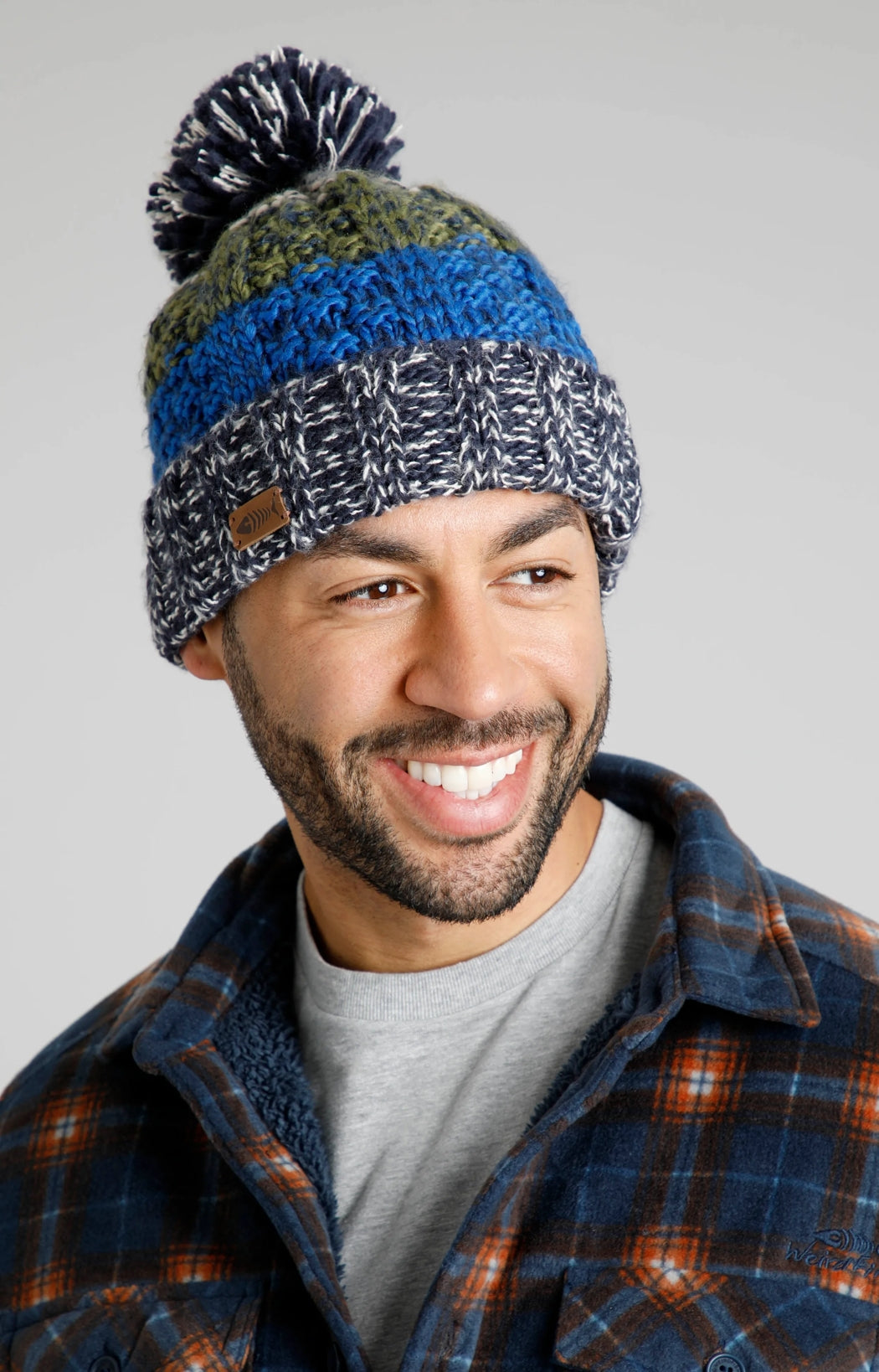 Weird Fish 'Hutchins' Block Stripe Knitted Bobble Hat - Moss Green