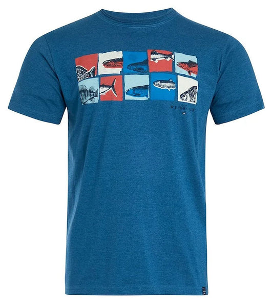 Men's Weird Fish Fish Anatomy block print tee in Dark Blue.