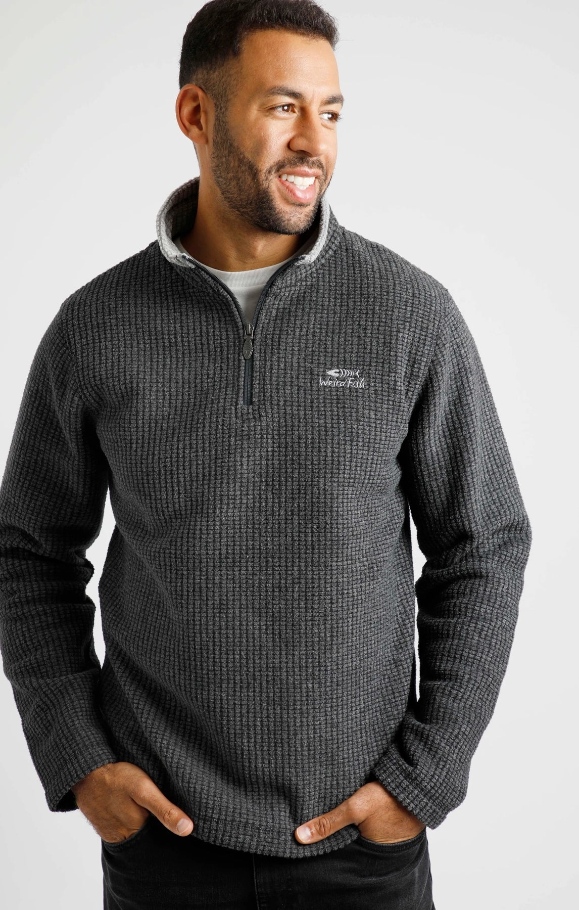 Weird Fish Mens 'Newark' 1/4 Zip Grid Fleece Washed Black Salt
