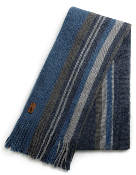 Weird Fish acrylic and recycled polyester Hartford scarf in Ensign Blue with vertical stripe pattern and tassel ends.