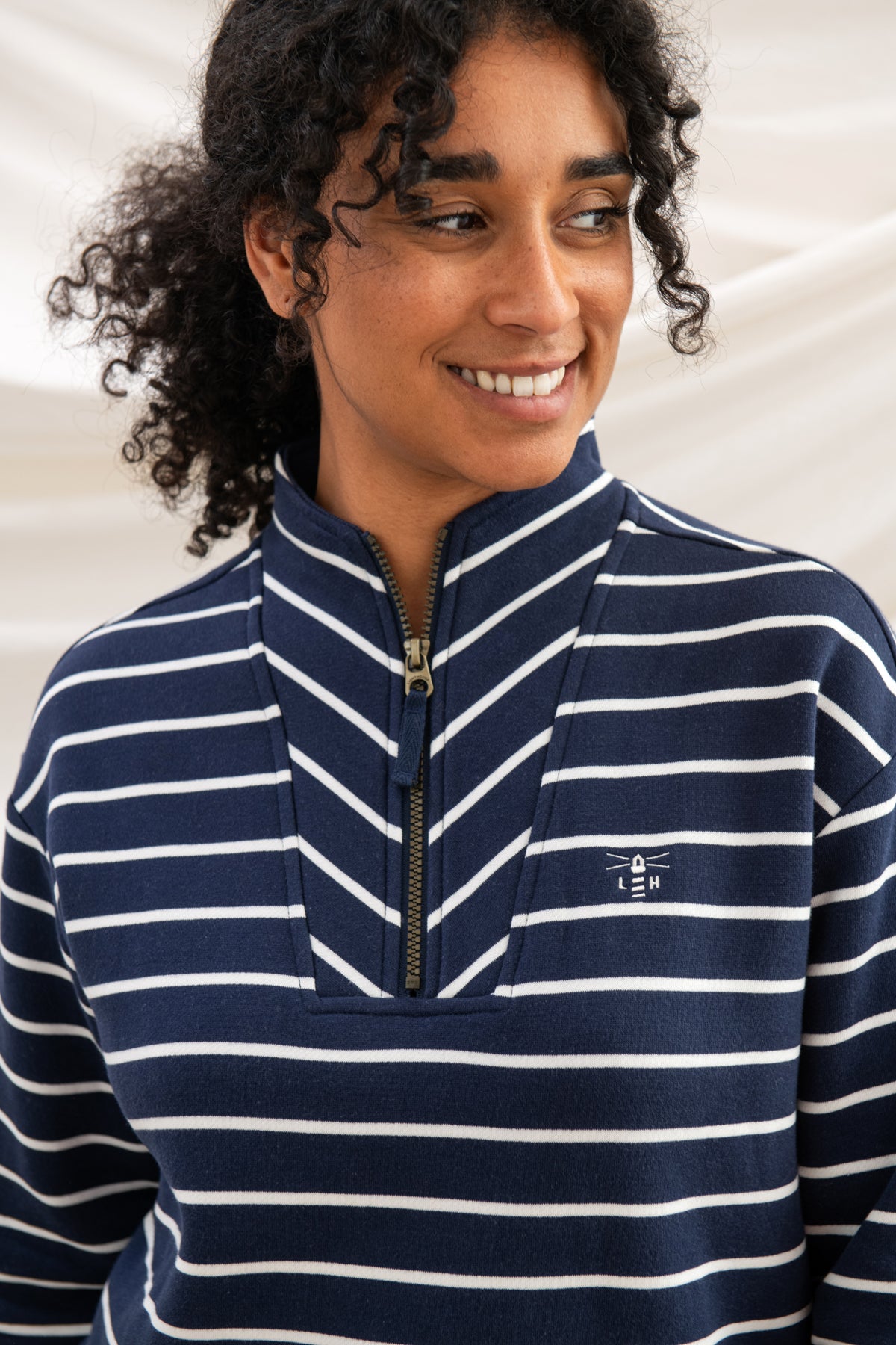 Lighthouse Womens Coral Funnel Neck Half Zip Jersey - Navy Stripe