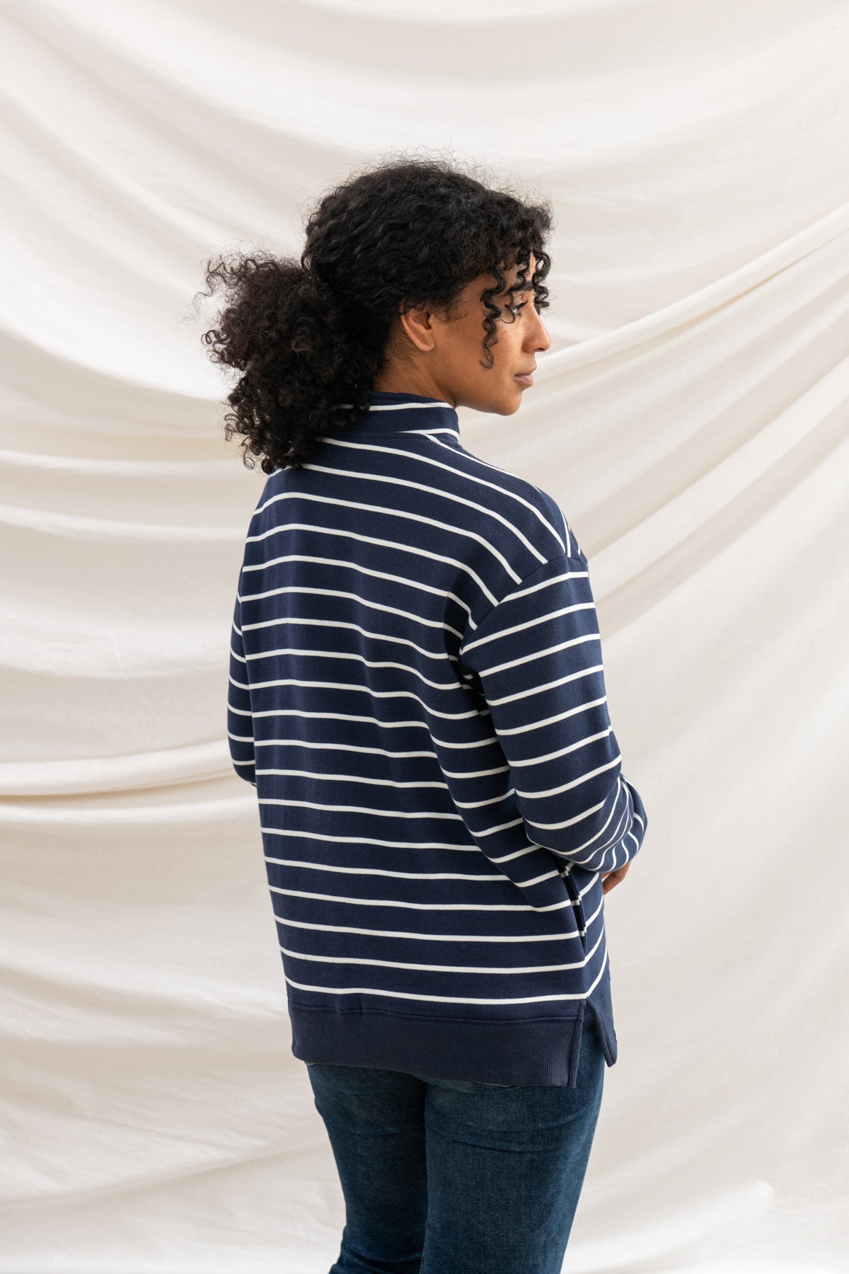 Lighthouse Womens Coral Funnel Neck Half Zip Jersey - Navy Stripe