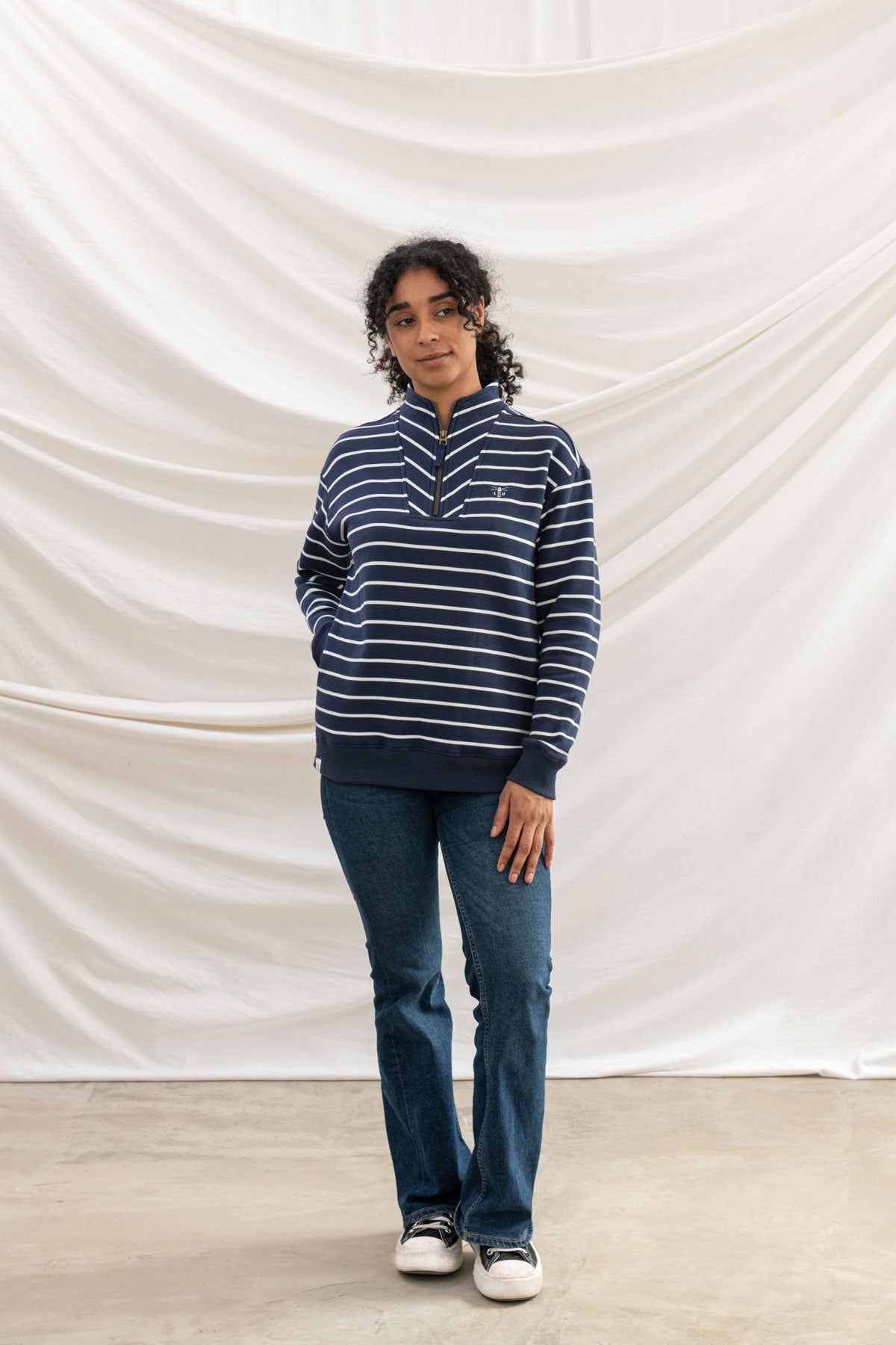 Lighthouse Womens Coral Funnel Neck Half Zip Jersey - Navy Stripe