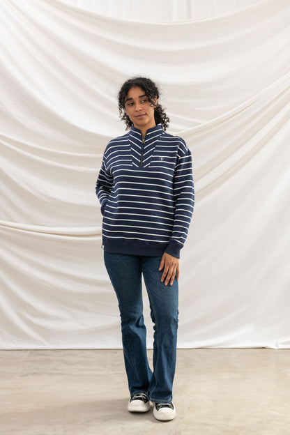 Lighthouse Womens Coral Funnel Neck Half Zip Jersey - Navy Stripe