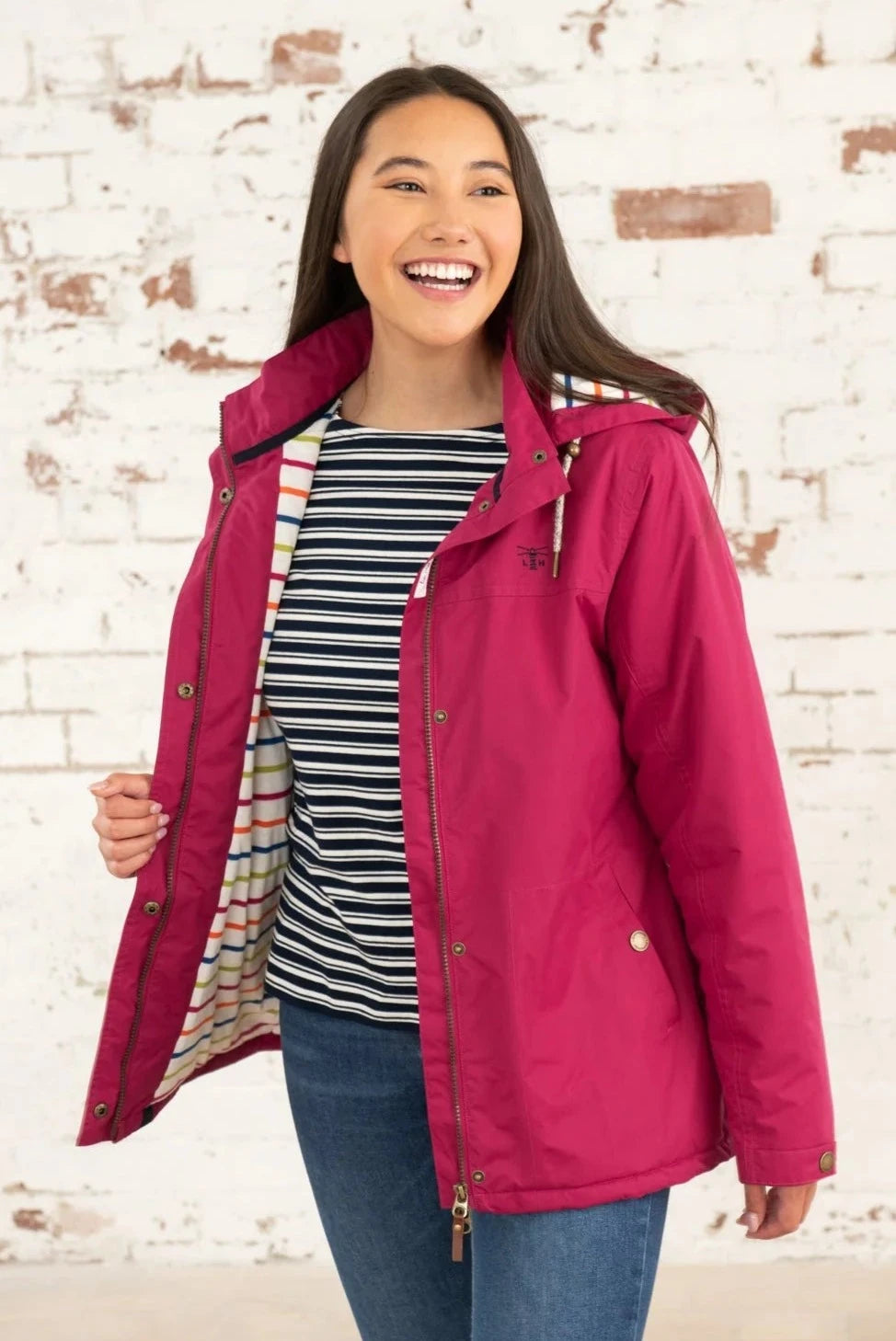Lighthouse women's Claret Red waterproof Eva paddded coat with multicoloured stripe lining.