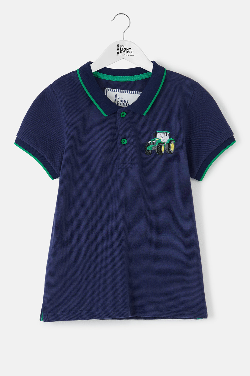 Lighthouse Kids Pier Navy Short Sleeve Pique Polo Shirt - Green Tractor
