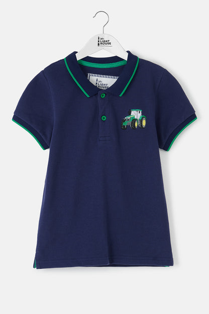 Lighthouse Kids Pier Navy Short Sleeve Pique Polo Shirt - Green Tractor