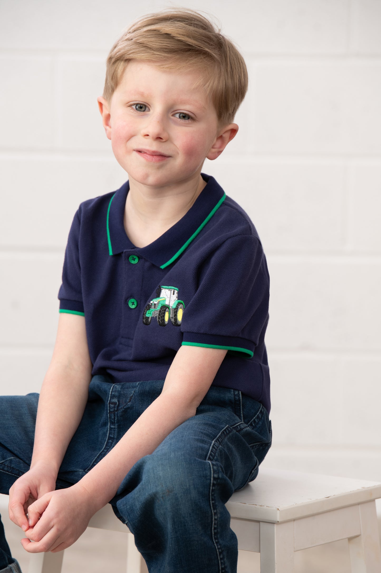 Lighthouse Kids Pier Navy Short Sleeve Pique Polo Shirt - Green Tractor