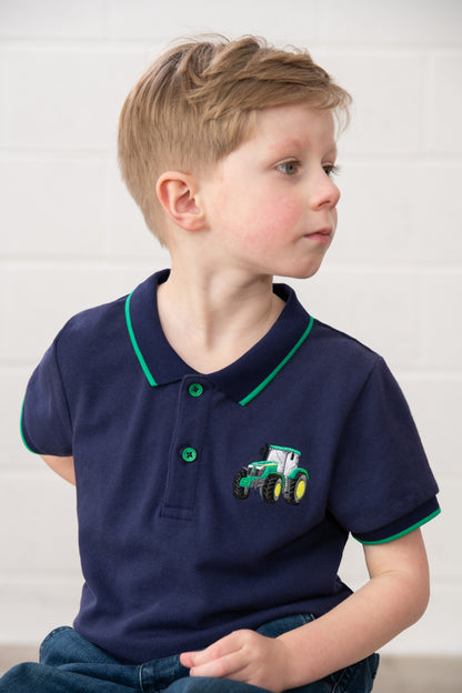 Lighthouse Kids Pier Navy Short Sleeve Pique Polo Shirt - Green Tractor