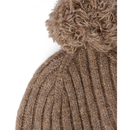 Close-up view of the bobble and ribbed knit of a Saltrock adults Legacy beanie in brown.