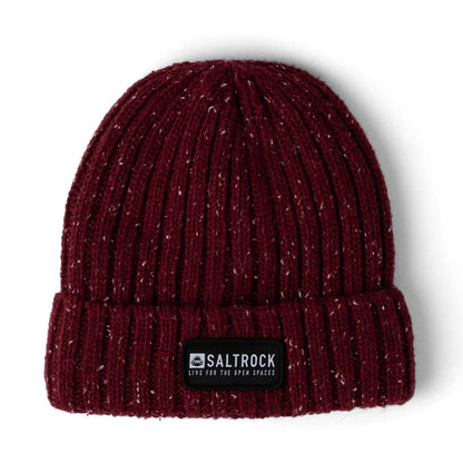 Front view of an adults Saltrock Heritage ribbed knit beanie in Burgundy red with a white fleck, turn-back hem and logo patch.
