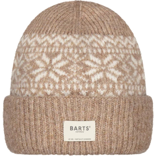 Light Brown knitted Negomba beanie with Fair Isle patterned top and Barts logo on a white background