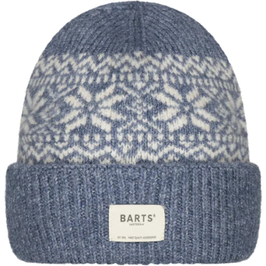 Front view of a Barts Denim Blue Negomba knitted beanie with a Nordic pattern, turn-up hem and logo patch on a white background