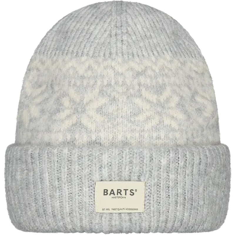 Grey knitted Negomba beanie with Fair Isle pattern and Barts logo on a white background