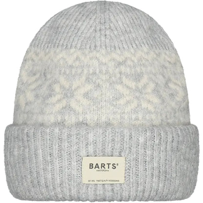 Grey knitted Negomba beanie with Fair Isle pattern and Barts logo on a white background