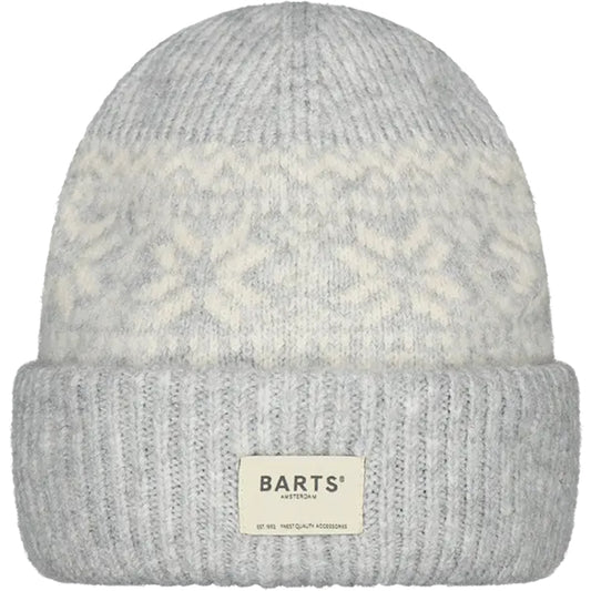 Grey knitted Negomba beanie with Fair Isle pattern and Barts logo on a white background