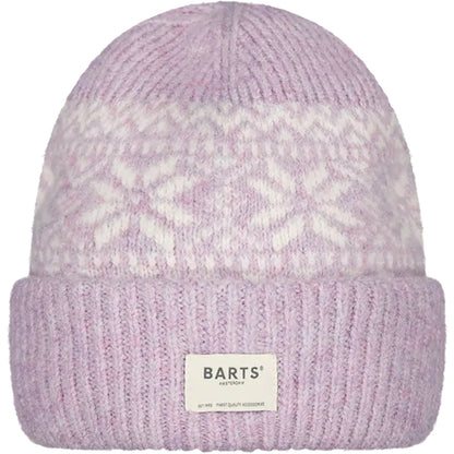 Pink knitted Negomba beanie with Nordic pattern and Barts logo on a white background
